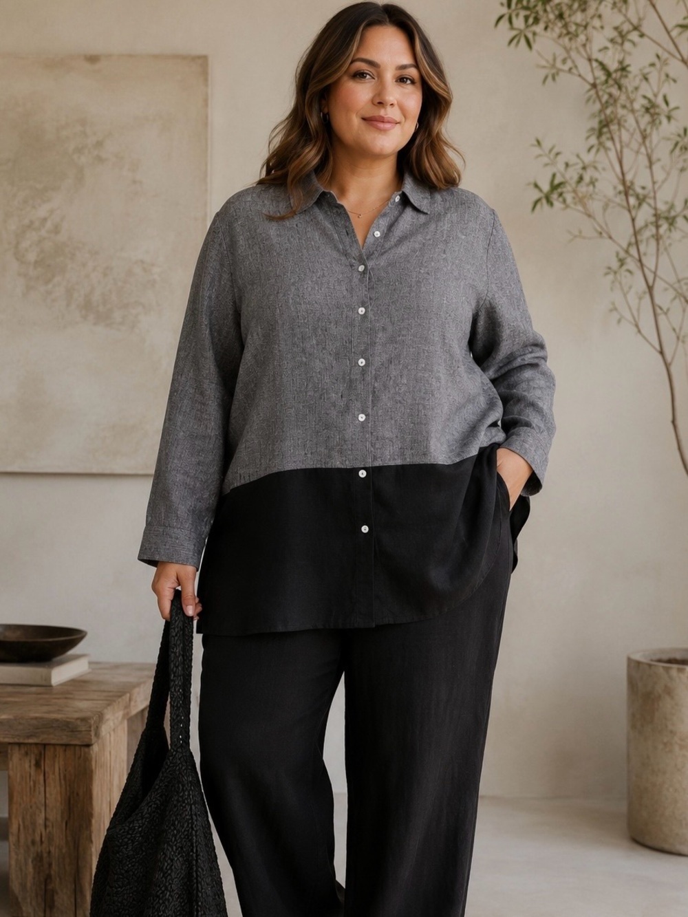 NWT Tahari Black & Gray Colorblock Linen Button-Up Long Sleeve Tunic Plus Sz 2X